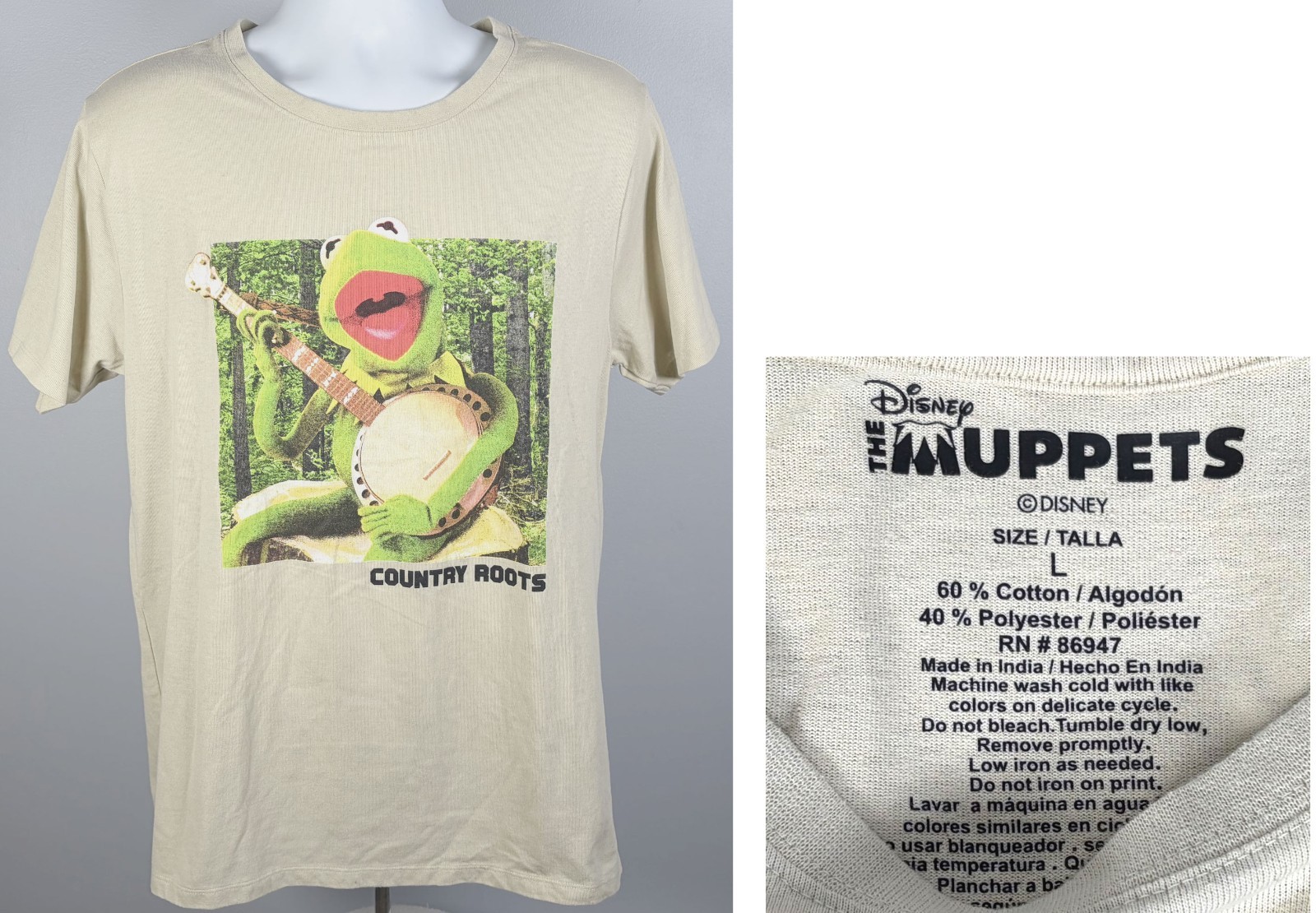 The Muppets Kermit the Frog Country Roots Banjo Logo T Shirt Mens Large
