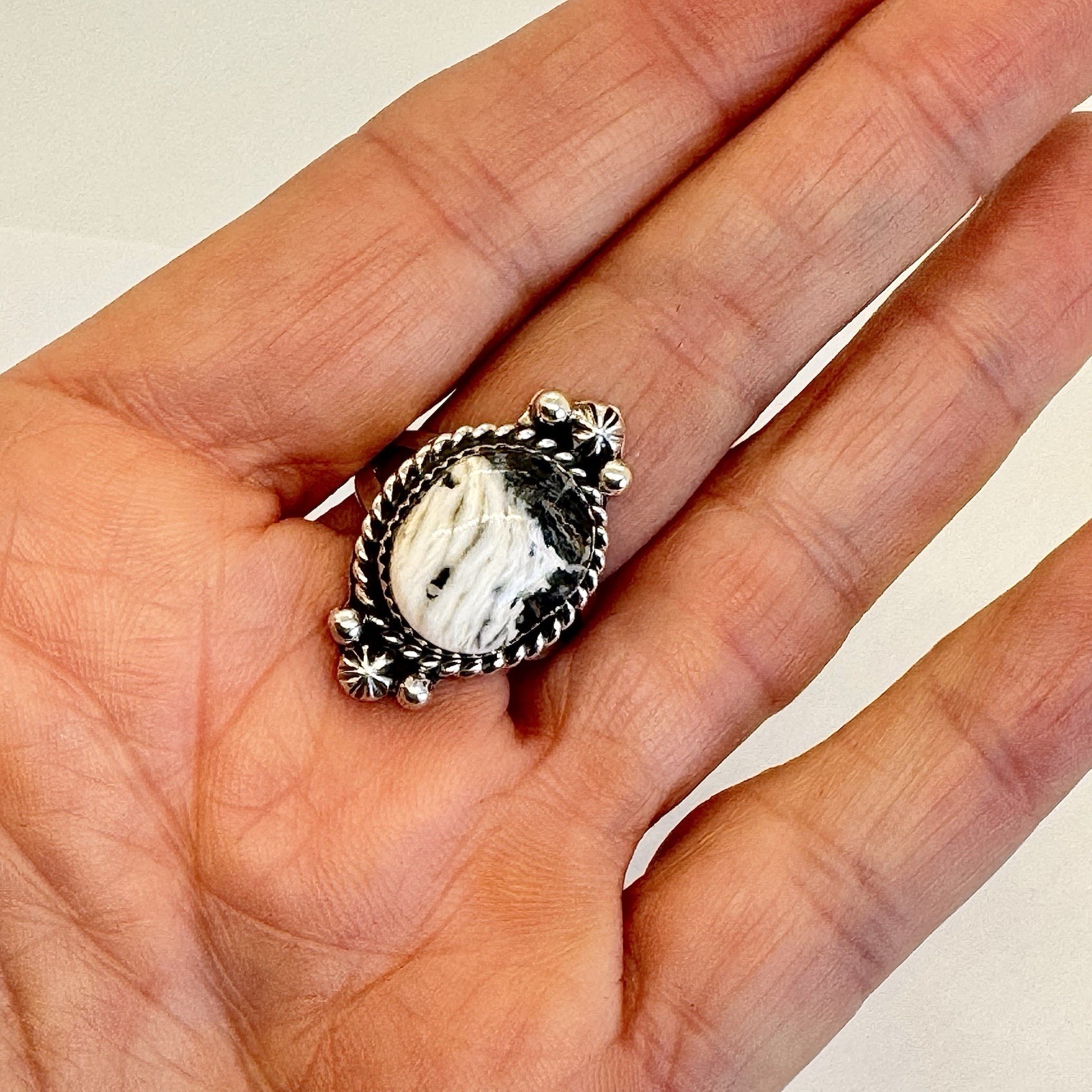 Navajo White Buffalo Turquoise Ring Size 8.5 Sterling Silver Signed R 7.g Native