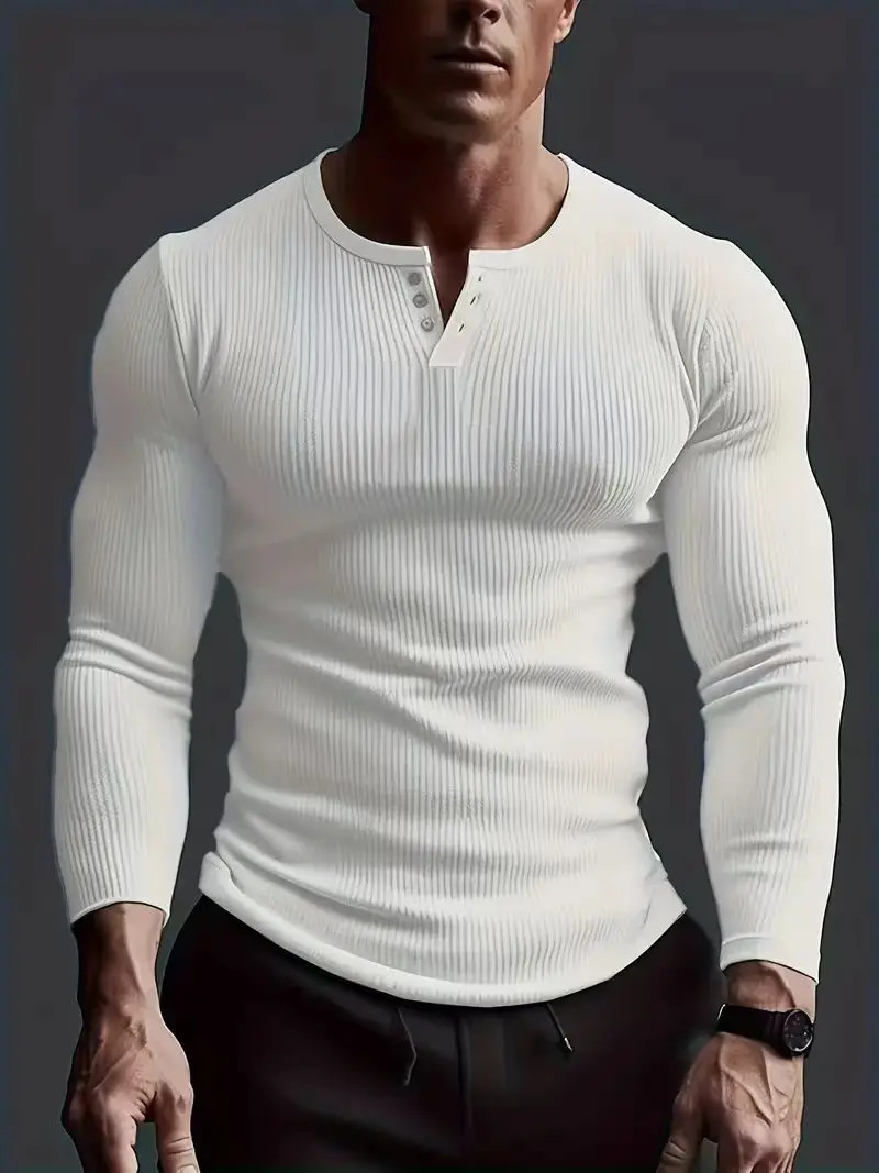 AMen's Collarless Breasted Henry Shirt Top Fitness High Stretch Base Shirt gallery