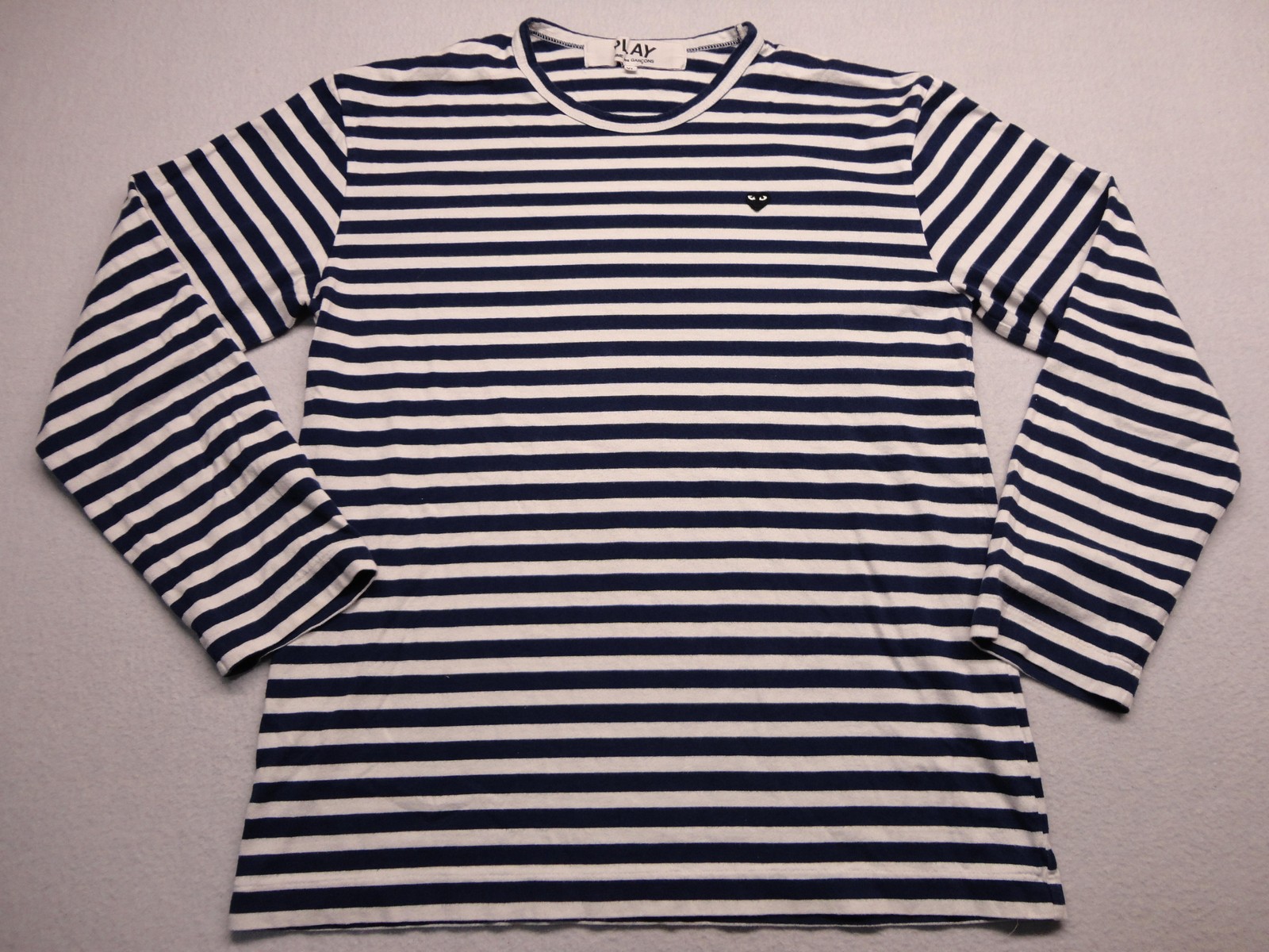 Comme Des Garcons Play Shirt Mens XL Blue Striped Long Sleeve Heart Logo Tee gallery