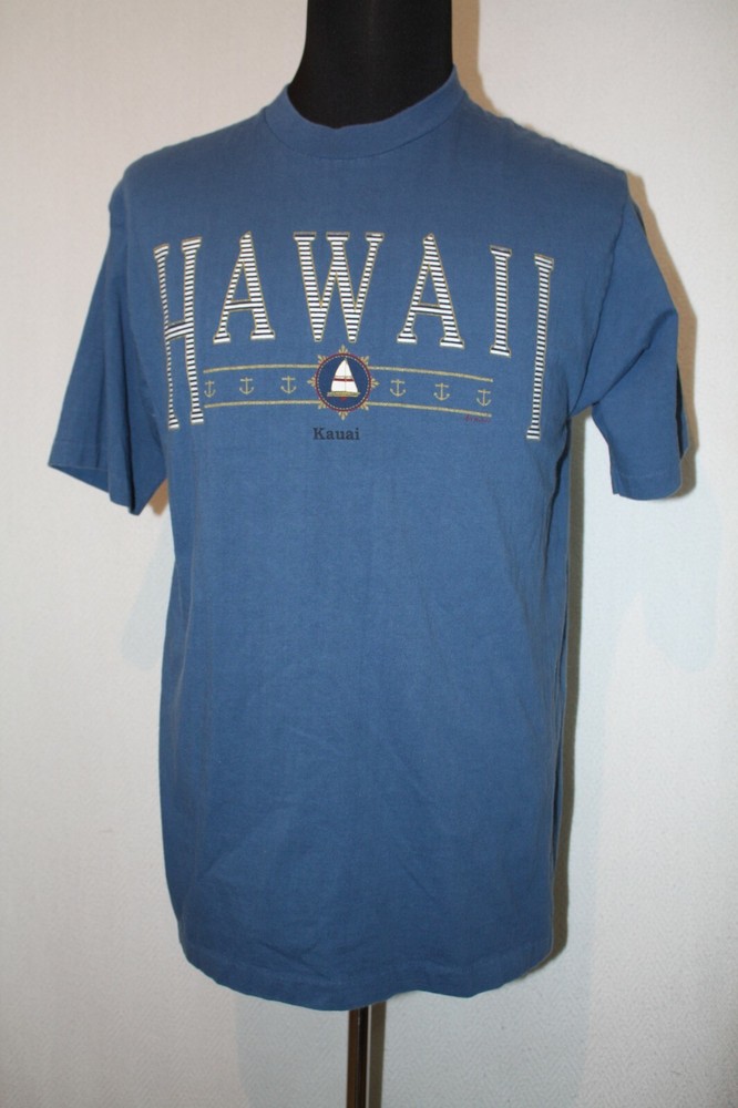 Vtg SofTee TeeJays Single Stitch Blue T-Shirt Sz L Sailing Kauai Hawaii USA Made