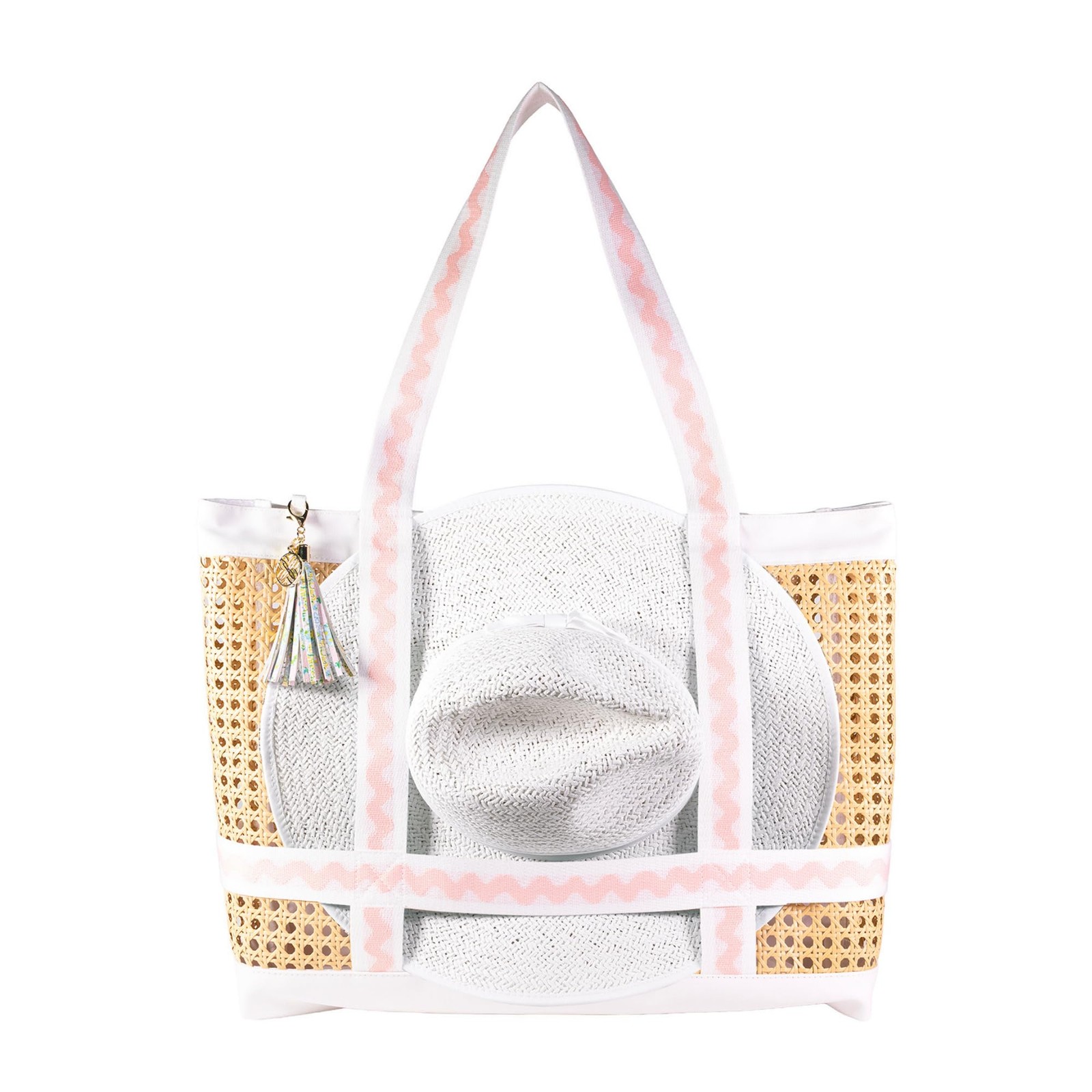 Large Travel Tote Bag with Hat Holder Strap, Caning Beach Bag with Tassel Key... gallery