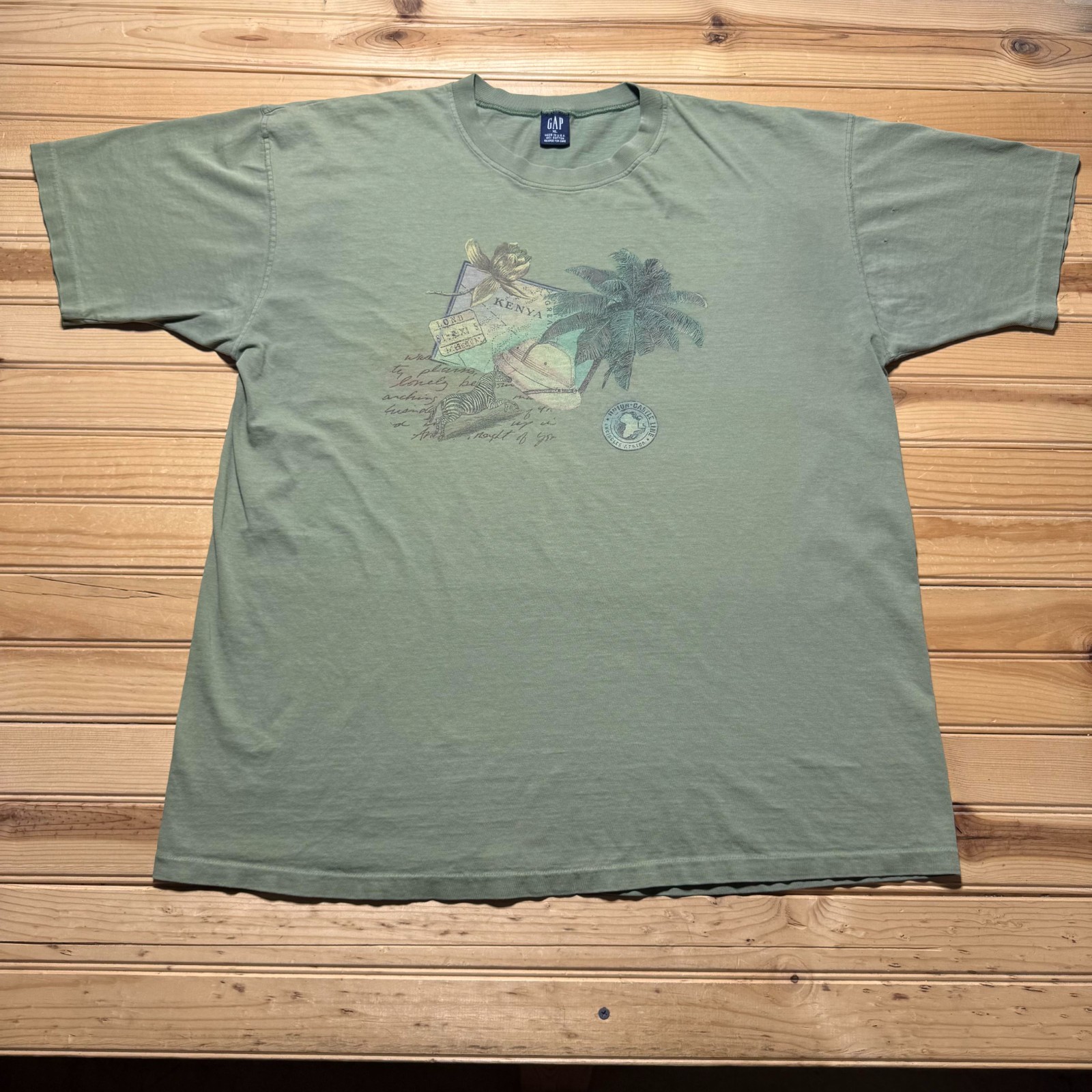 Vintage 90s GAP Kenya Safari Travel Stamp Map Nature Graphic T-Shirt USA – XL