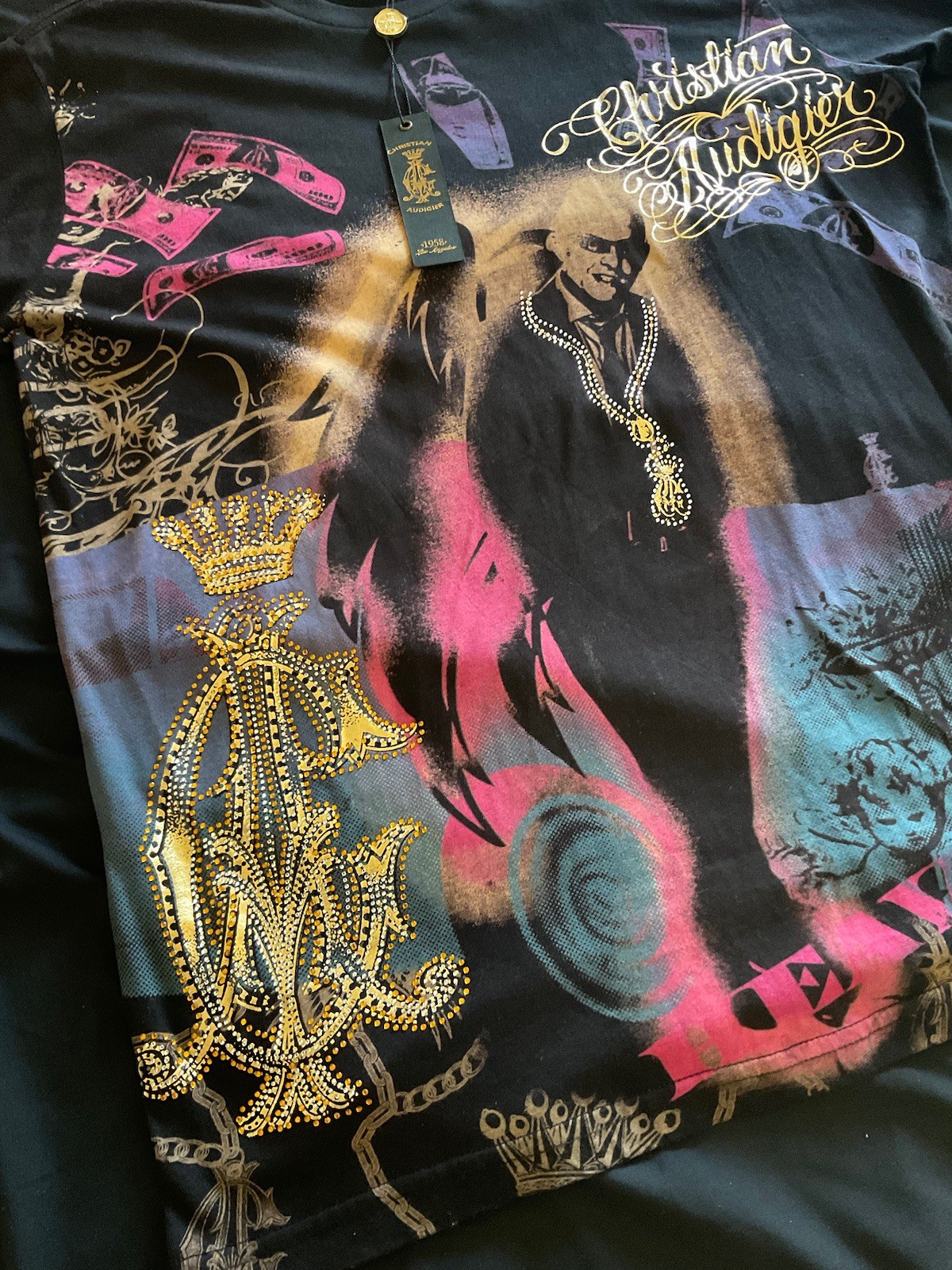 Brand New With Tags Christian Audigier Black Multi Colored Shirt Size M