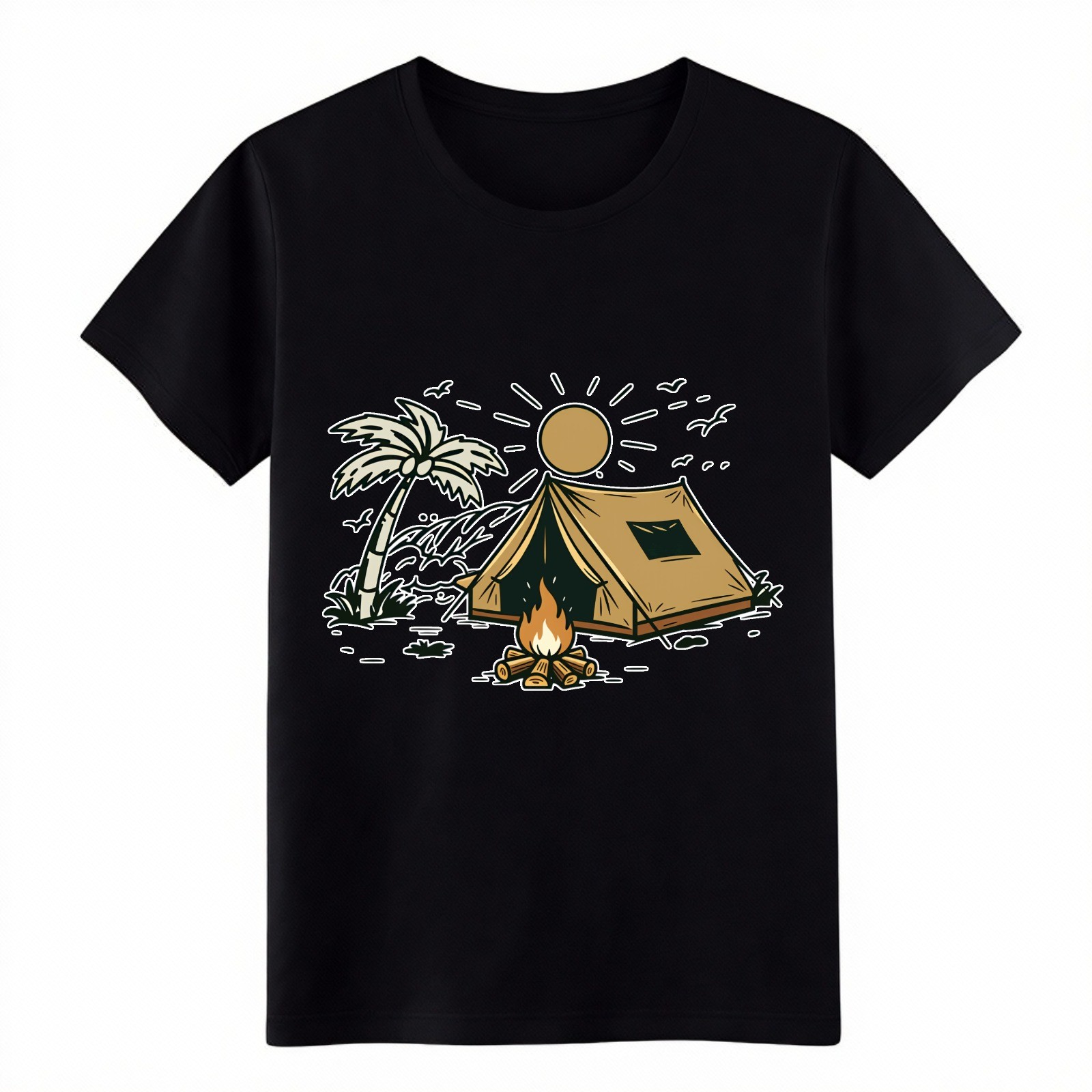 Beach Camping Campfire Print Cotton TShirt,Outdoor Lover Casual Short Sleeve Tee