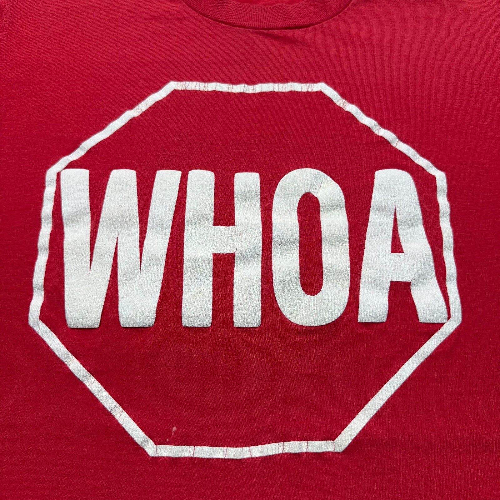 Vintage 80s WHOA Stop Sign Funny Slogan Humorous Graphic T-Shirt USA - Medium gallery
