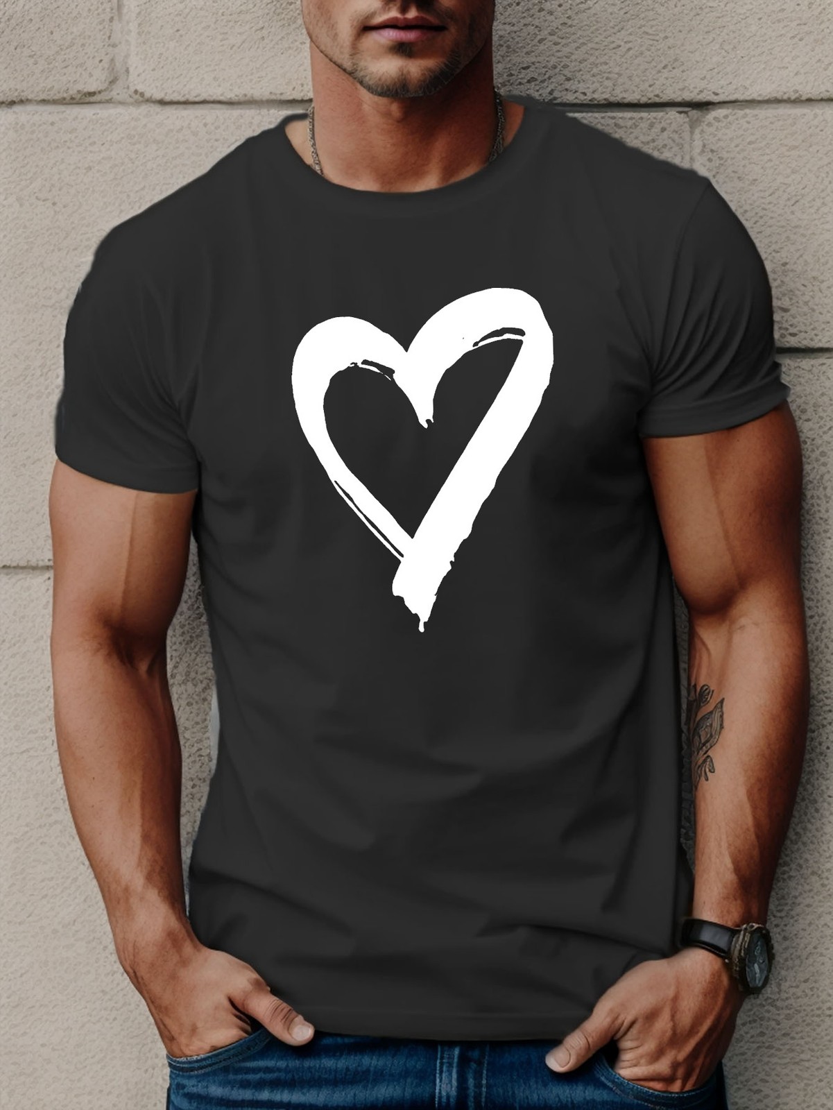Heart Print T Shirt Tees Men Casual Short Sleeve T-shirt Summer Blouse Tops ♮ gallery