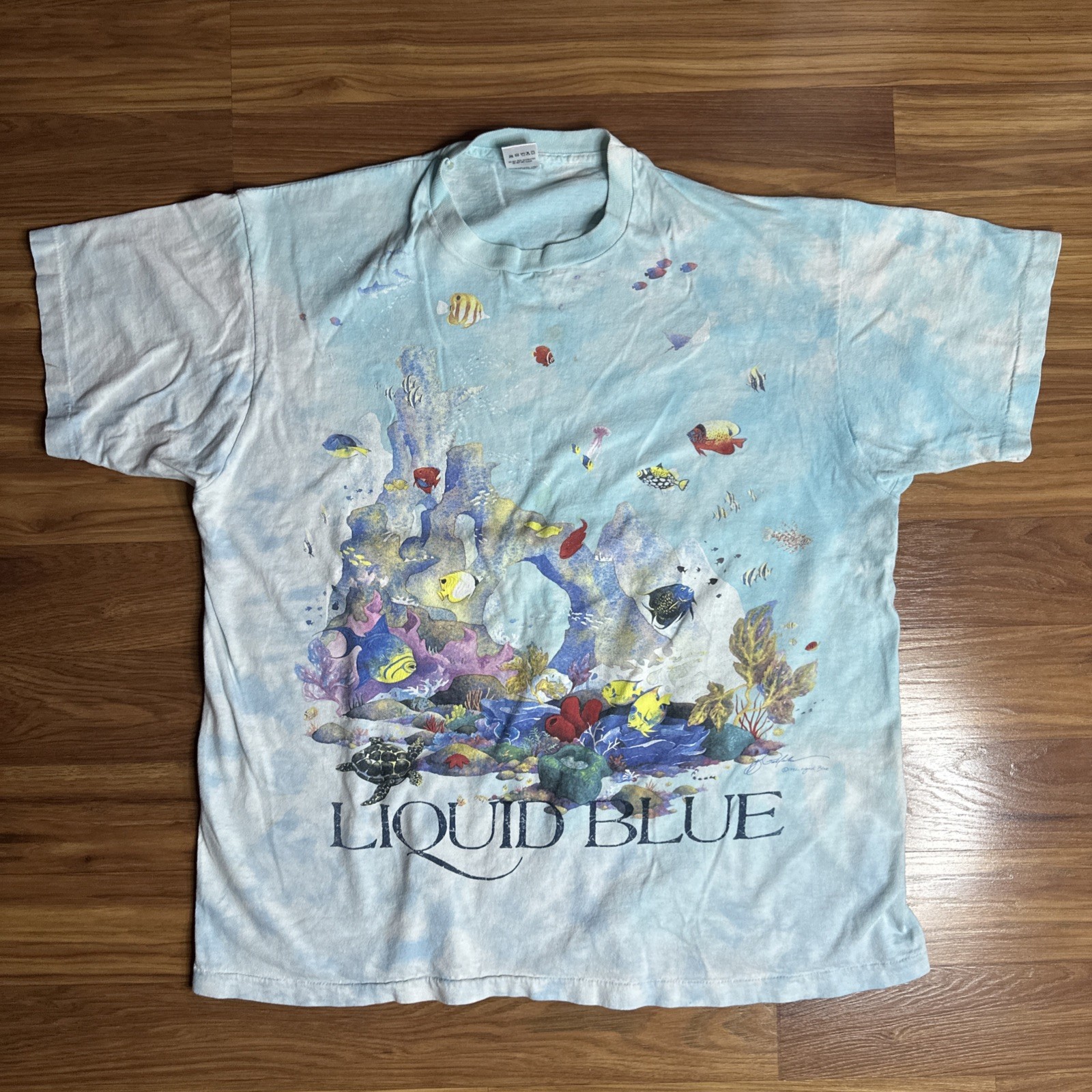 Vintage 1992 Liquid Blue Coral Reef Aquatic Sea Life Fish AOP Shirt XL Tie Dye gallery