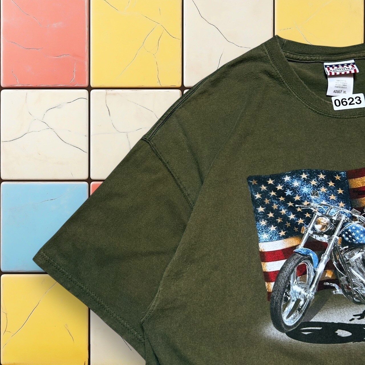 Vintage Y2K American Flag Motorcycle T-Shirt Men XL Biker Sonoma Grunge USA Tee gallery