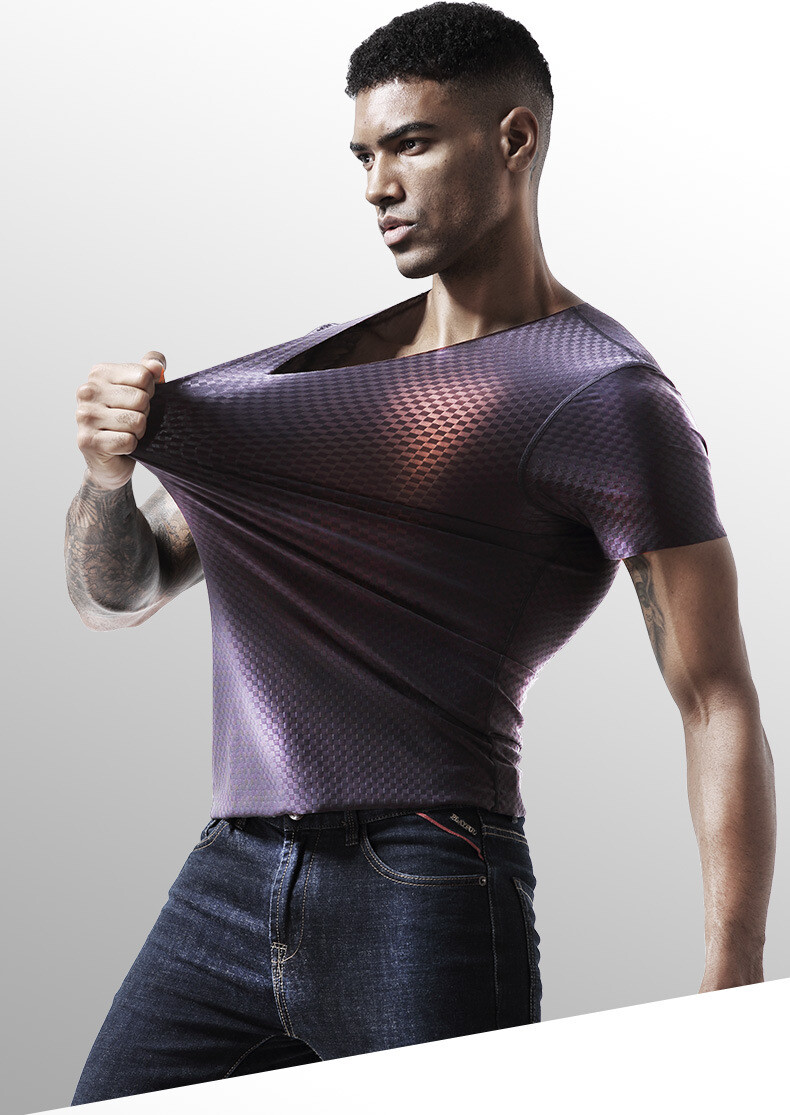 Mens Short Sleeve Ice Silk T-Shirt V-Neck Elastic Sport Gym Top Undershirts gallery