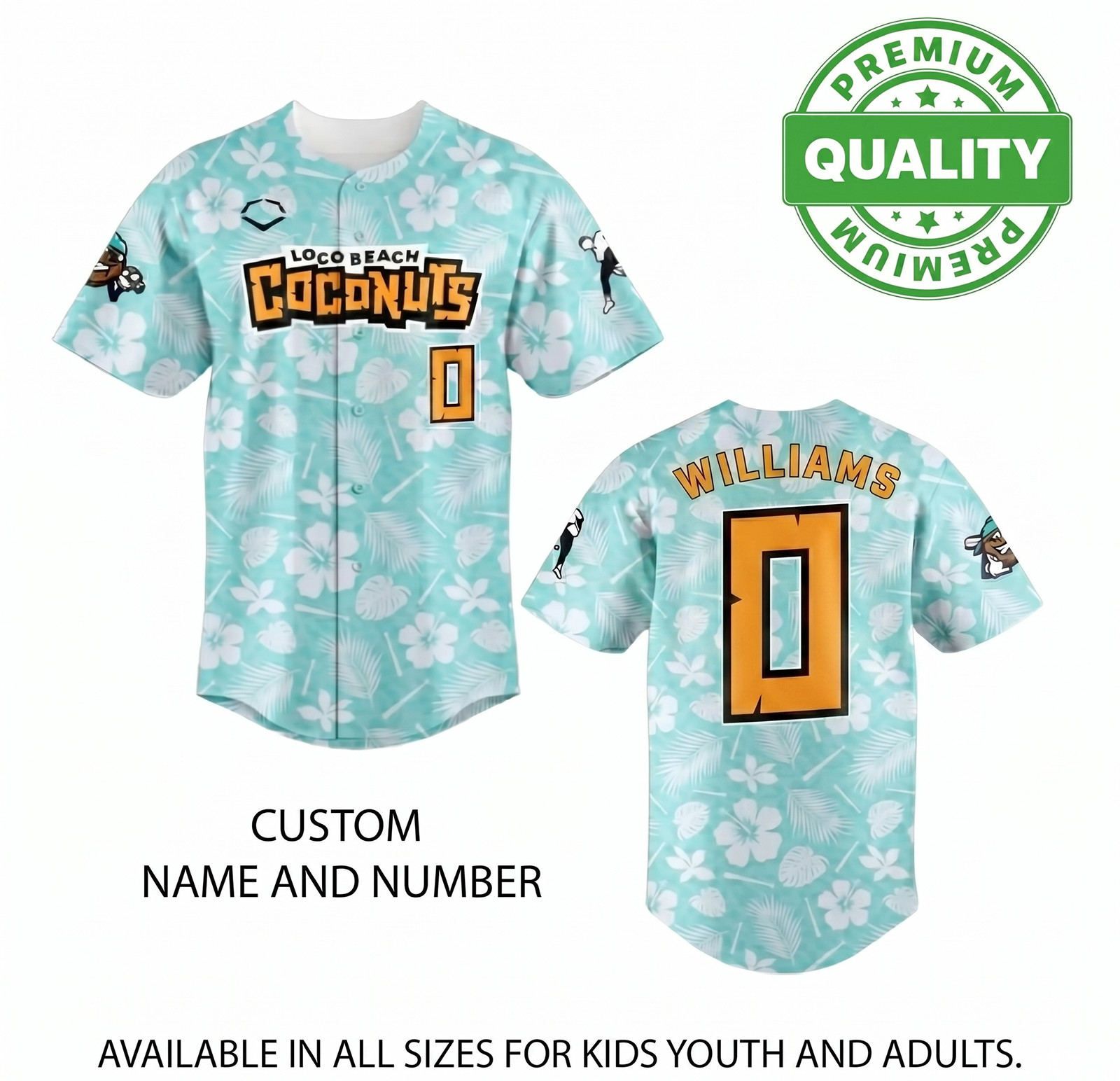 Number 0 CJ Williams Loco Beach Coconuts Baseball Jersey 3D AOP 1V1243 gallery