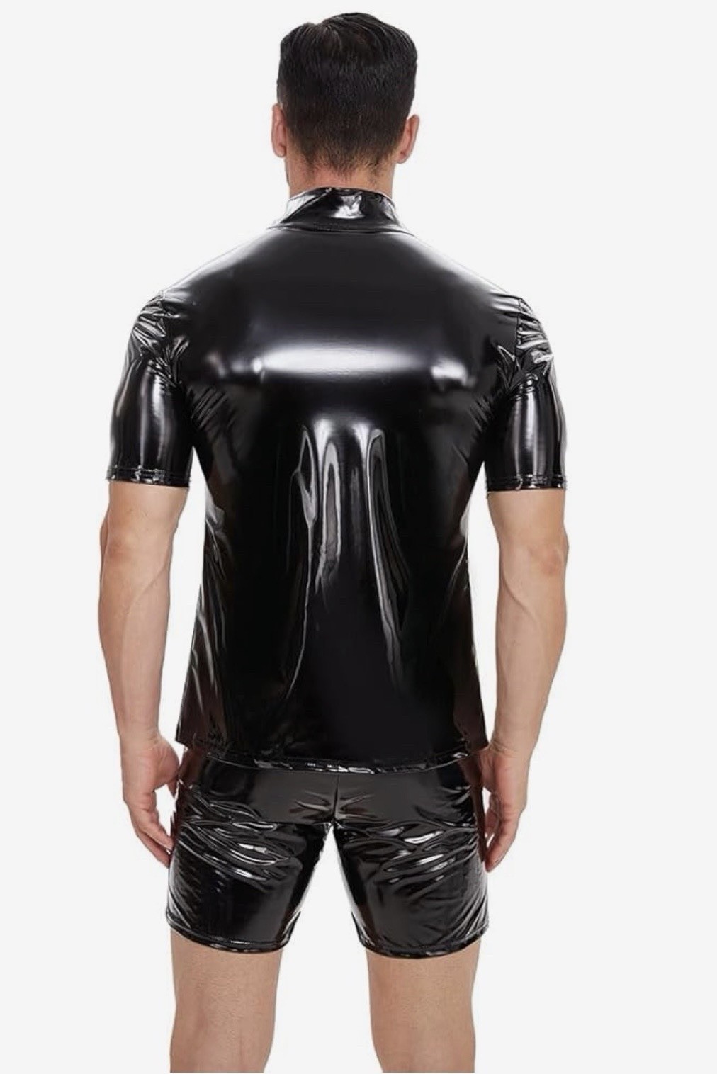 Men’s Sexy Leather Shirt Glossy Full Zipper Short Sleeve Shiny Male Medium gallery
