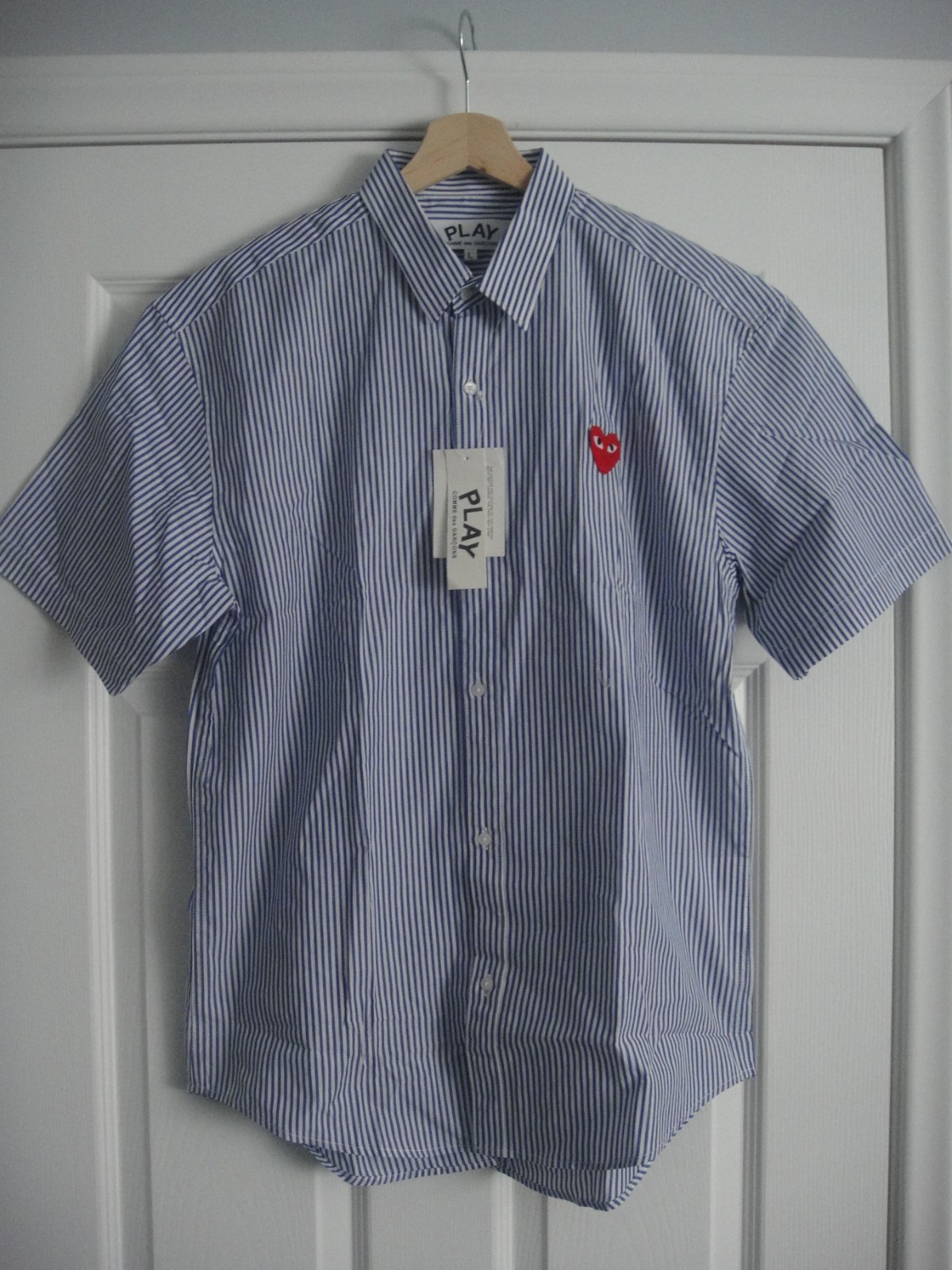 COMME des GARCONS Play Men's Short Sleeve Shirt Blue Color RED Heart Size L ,NWT gallery