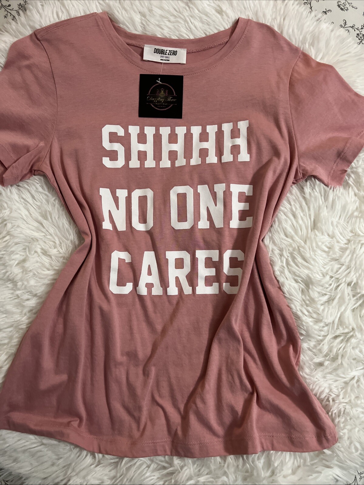 Trendy Pink Graphic Tee – "Shhhh No One Cares" Statement Shirt – Size LARGE gallery