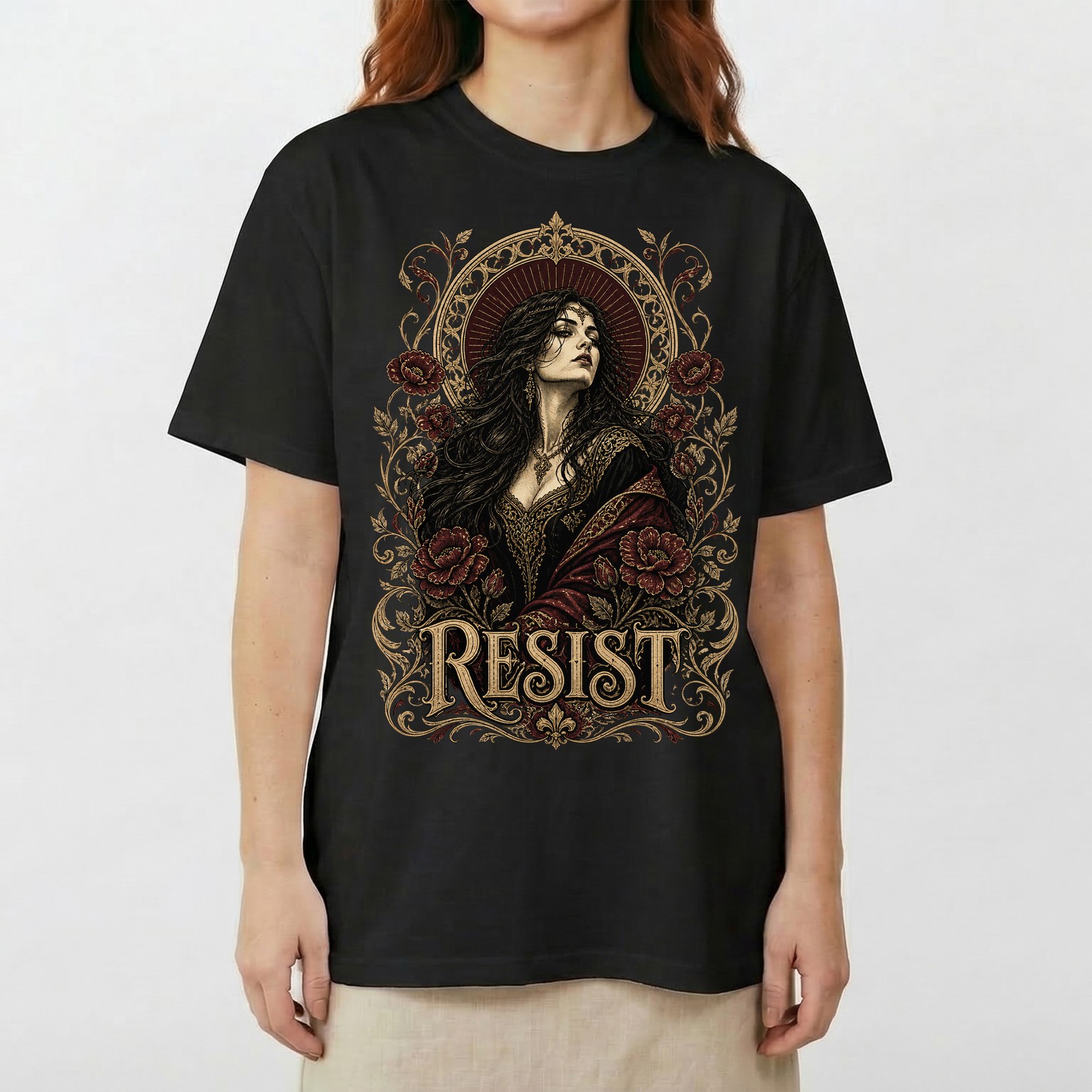 Dark Resist Gothic Floral Burgundy Rose Lover T-Shirt Mystic Witchy Tee gallery