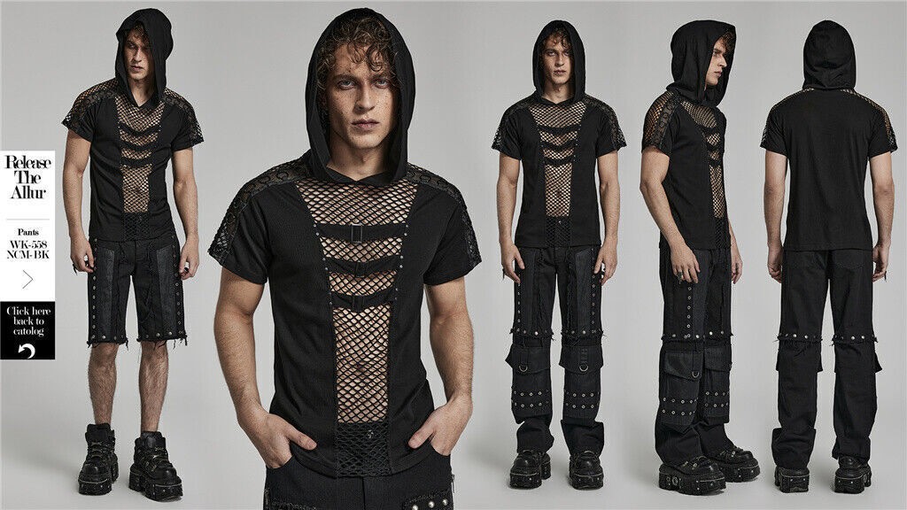 Punk Rave Black Slim Mesh Splicing Tops Sexy Knitted Hooded Cotton Men T-Shirt gallery