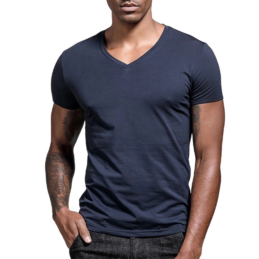 Men Solid Color V Neck Tight Fit T Shirt Short Sleeve Polyester Base Layer Top gallery