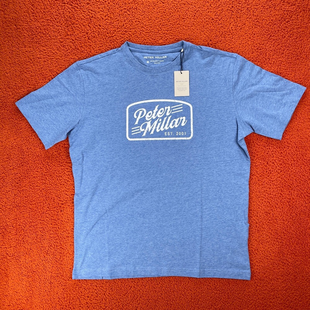 PETER MILLAR Mens MEDIUM Crown Lite Tee Logo Nautilus Blue T-Shirt Pima Cotton