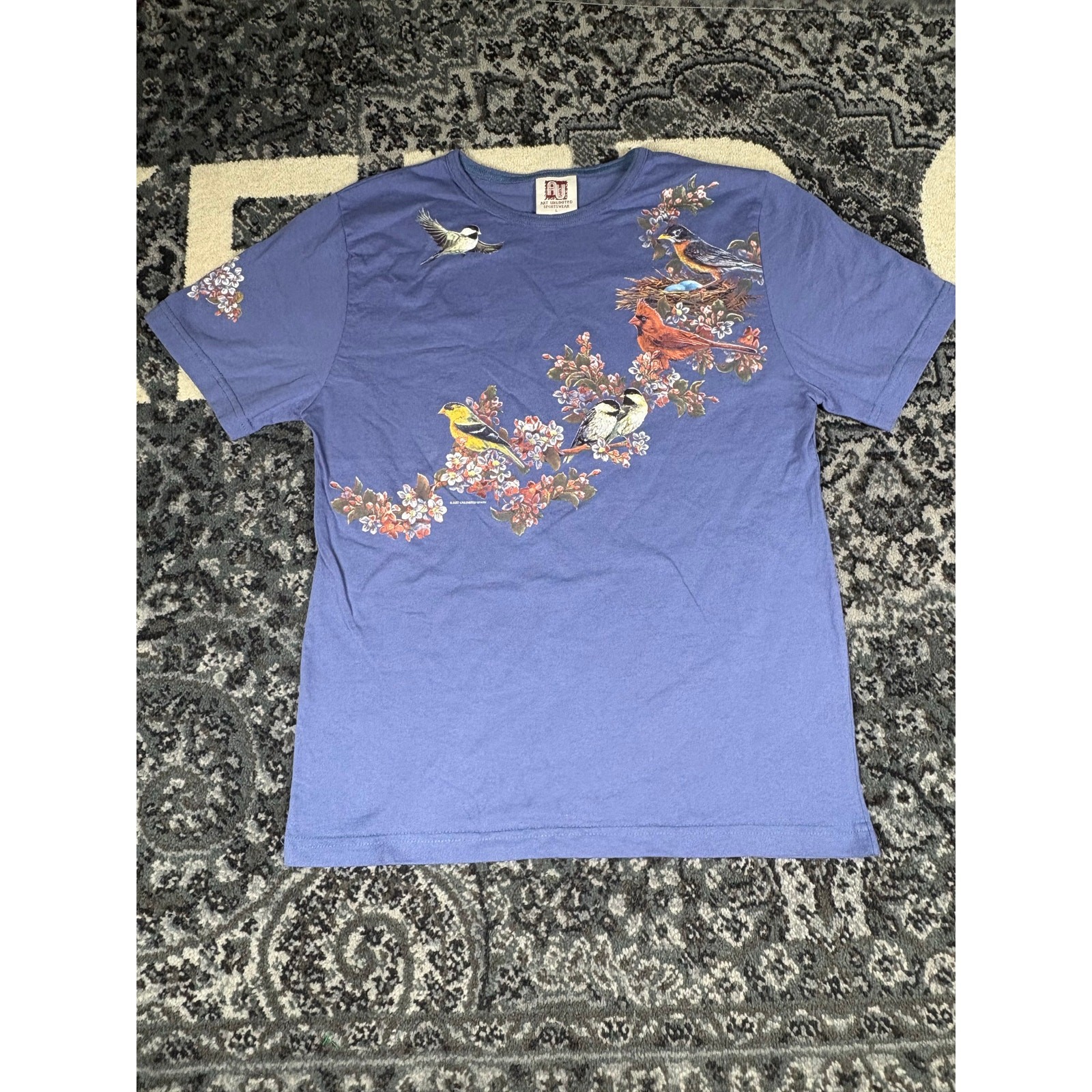 Vintage All Over Print Bird Graphic T-Shirt Blue Size L Nature Wildlife Tee