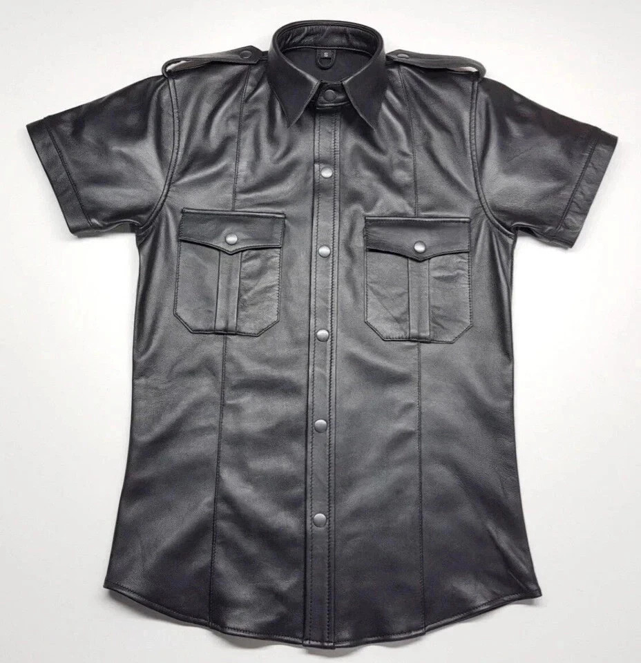 Men's Real Soft Leather Biker High Shine Police Style Motorcycle Leather Shirt gallery