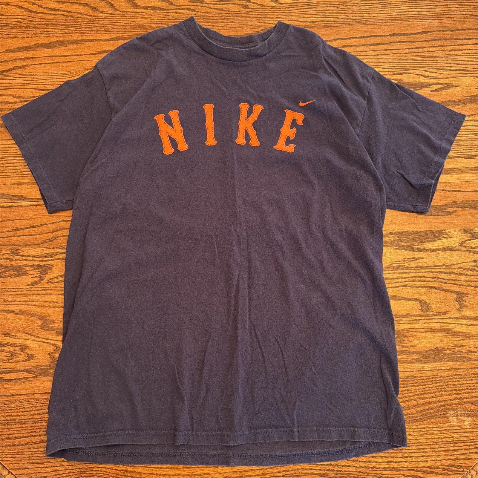 Vintage 90s Nike Blue Graphic SPELLOUT Logo T-Shirt Men’s Large Orange Lettering