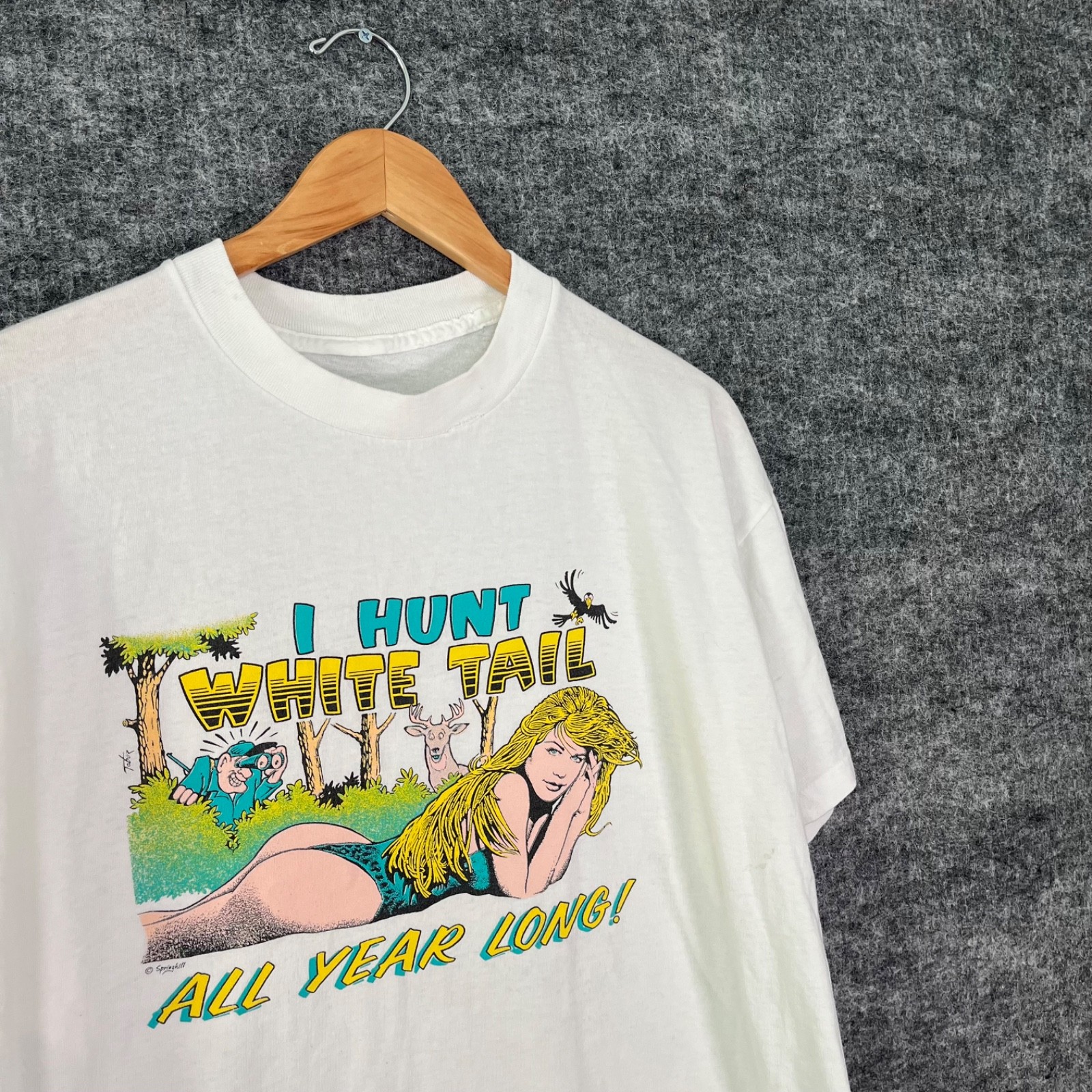 Vintage I Hunt White Tail All Year Long Shirt Size L / XL Hunting 90s Comic Joke gallery