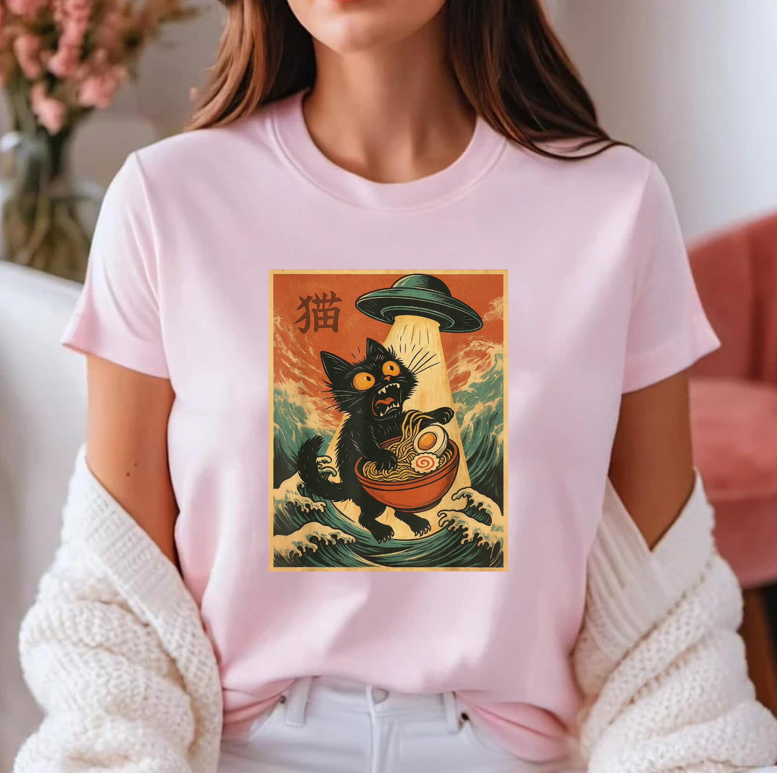 Cat Ramen UFO Funny Japanese Anime Tee Men Women Teens T-Shirt gallery