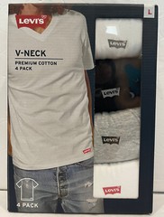 Levis 4 Pack Mens V-Neck Premium Cotton T-Shirts Sizes: S, M, L White/Black/Grey