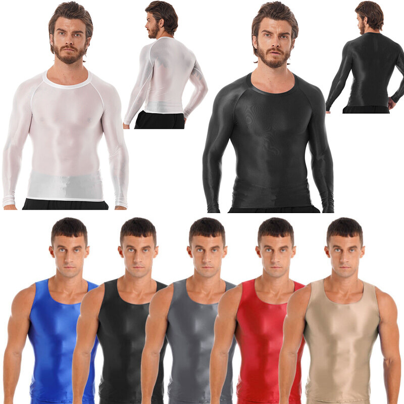 US Men's Shiny Oil T-Shirt Long Sleeve Round Neck Shirt Fitness Bodybuilding Top gallery