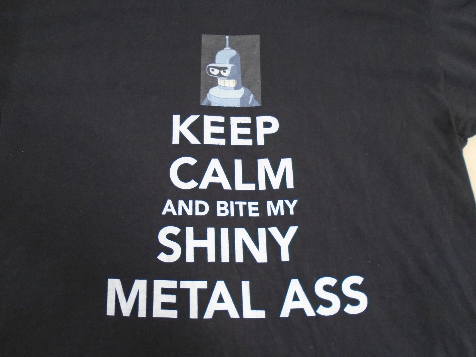 Vintage Y2K Futurama Bender Keep Calm Bite Shiny Metal T Shirt Graphic Black XL gallery