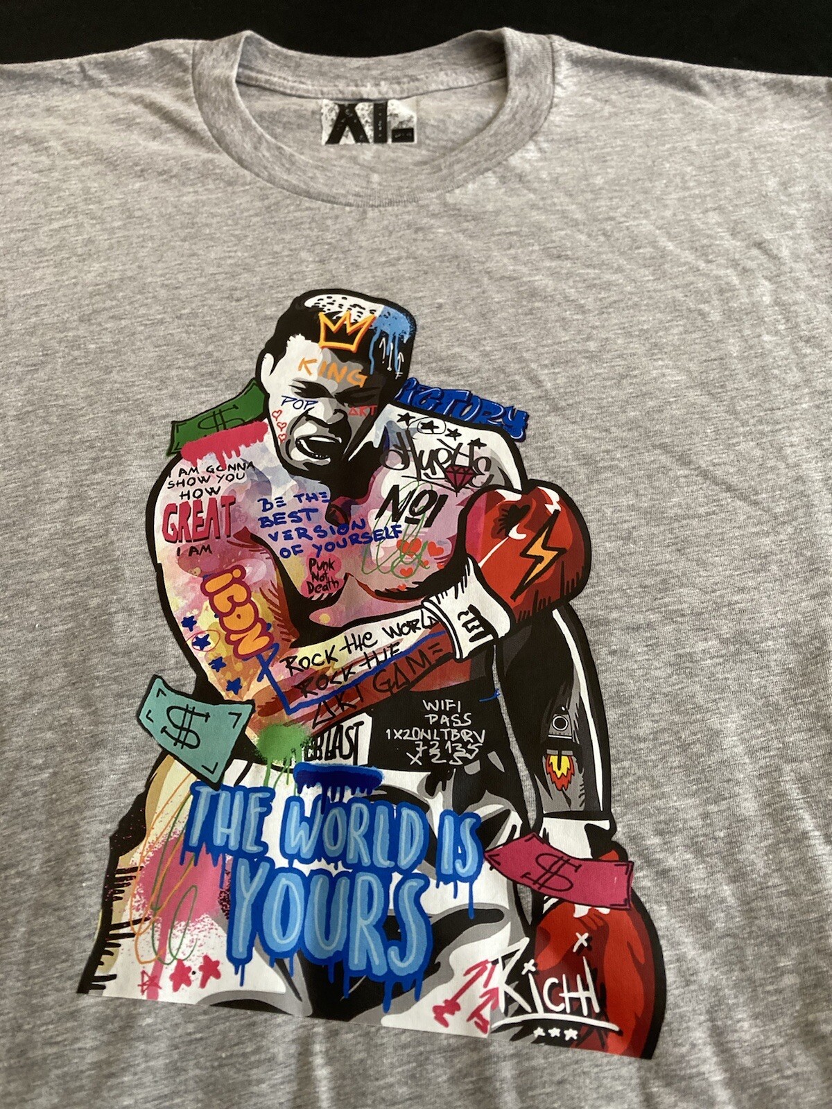 Ali The Greatest Graffiti Abstract Art Graphic Print Men’s Grey Tee NWT Size XL gallery