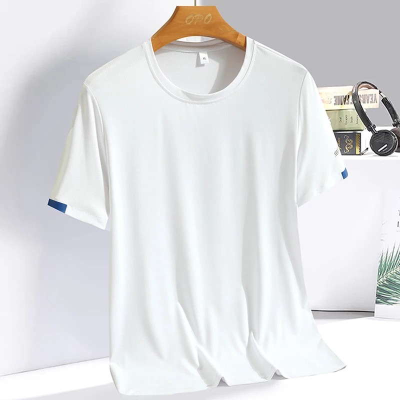 Men’s Silk Ice Round Collar T-shirt, Simple Running Fitness Suit, Breathable