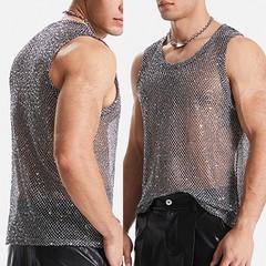 For Men Sexy Mesh Vest Grey Glitter Sheer See Through Fishnet Tank Top