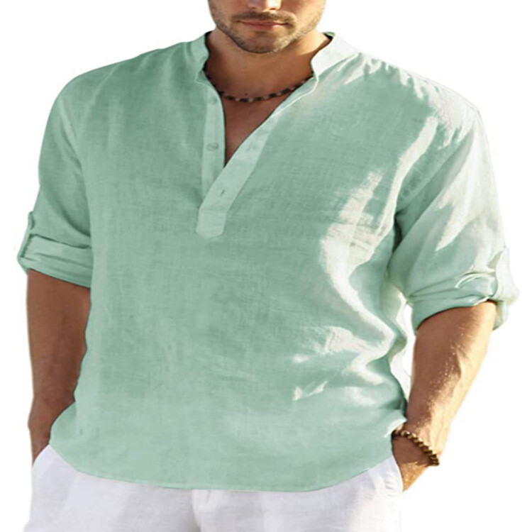 Mens Cotton Linen Long Sleeve Shirt Solid Loose Blouse Button Down Tops T Shirt gallery