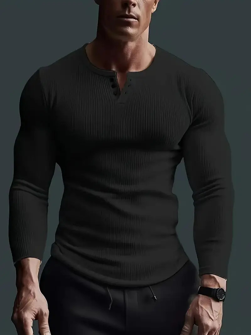AMen’s Collarless Breasted Henry Shirt Top Fitness High Stretch Base Shirt