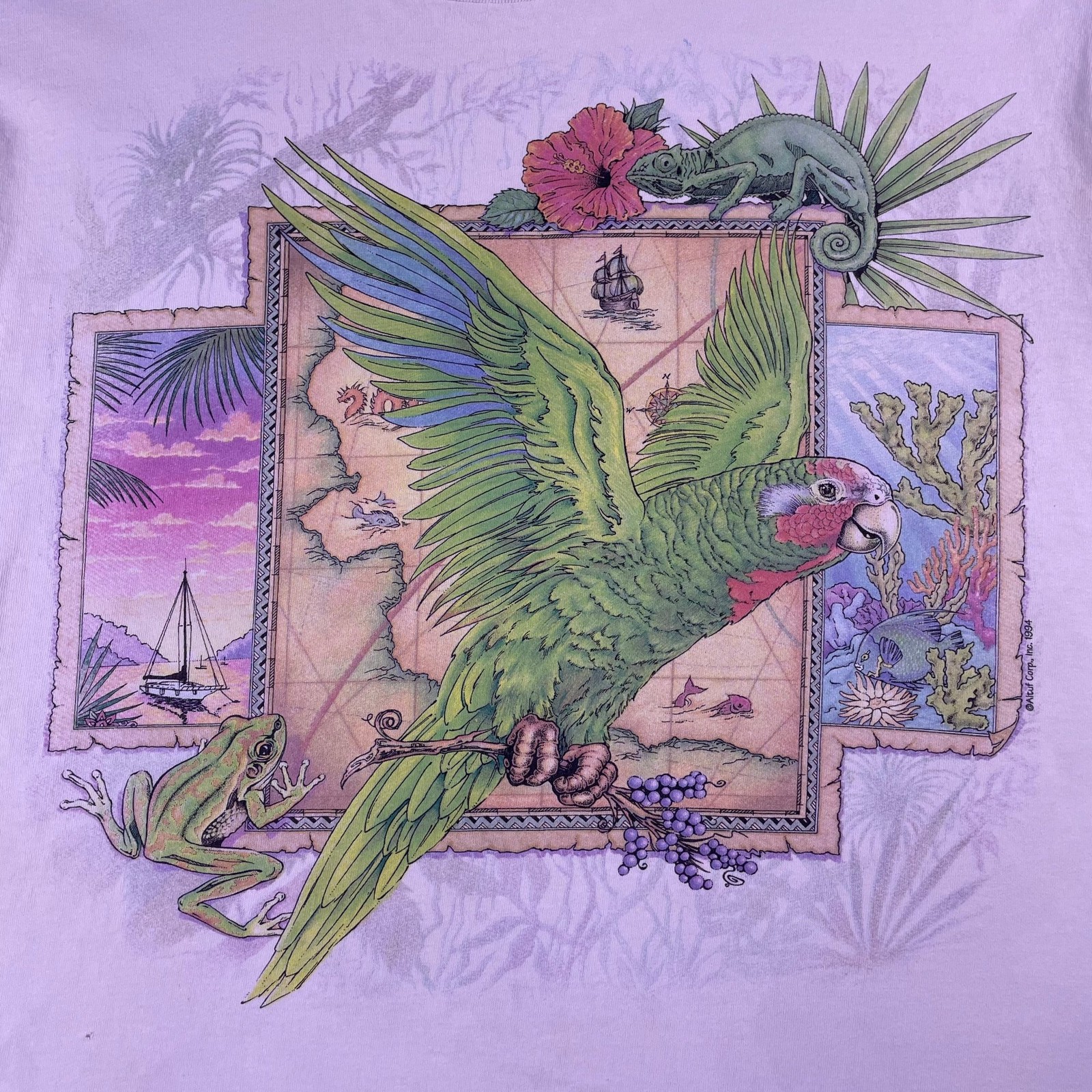Vtg 90s Parrot Chameleon Tropical Nature Tee L Bird Lizard Frog Animals Ocean gallery