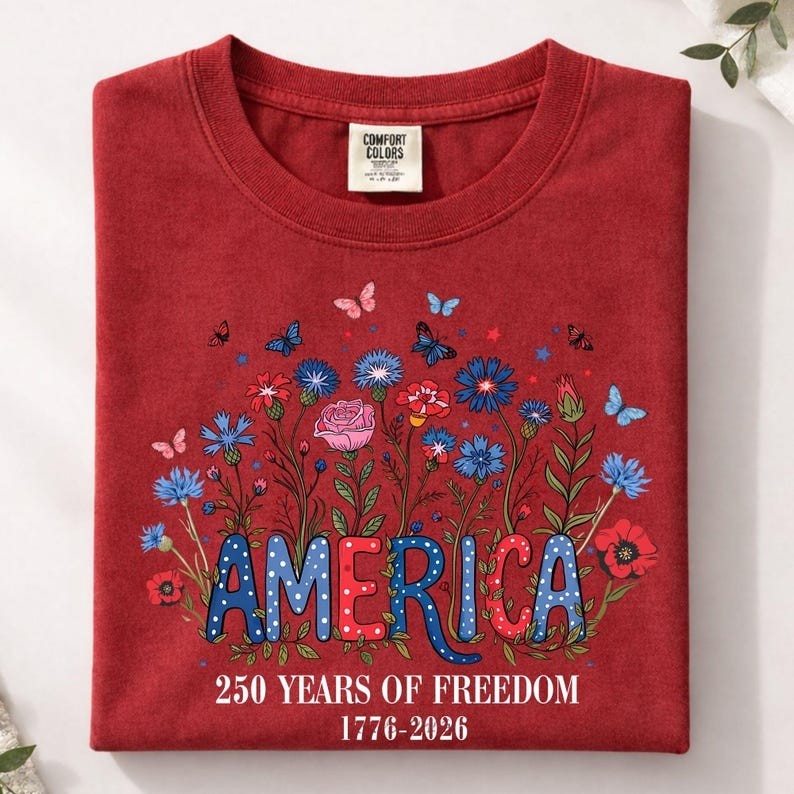 Comfort Colors Floral 250th Anniversary Shirt, Wildflower Independence Day Tee gallery