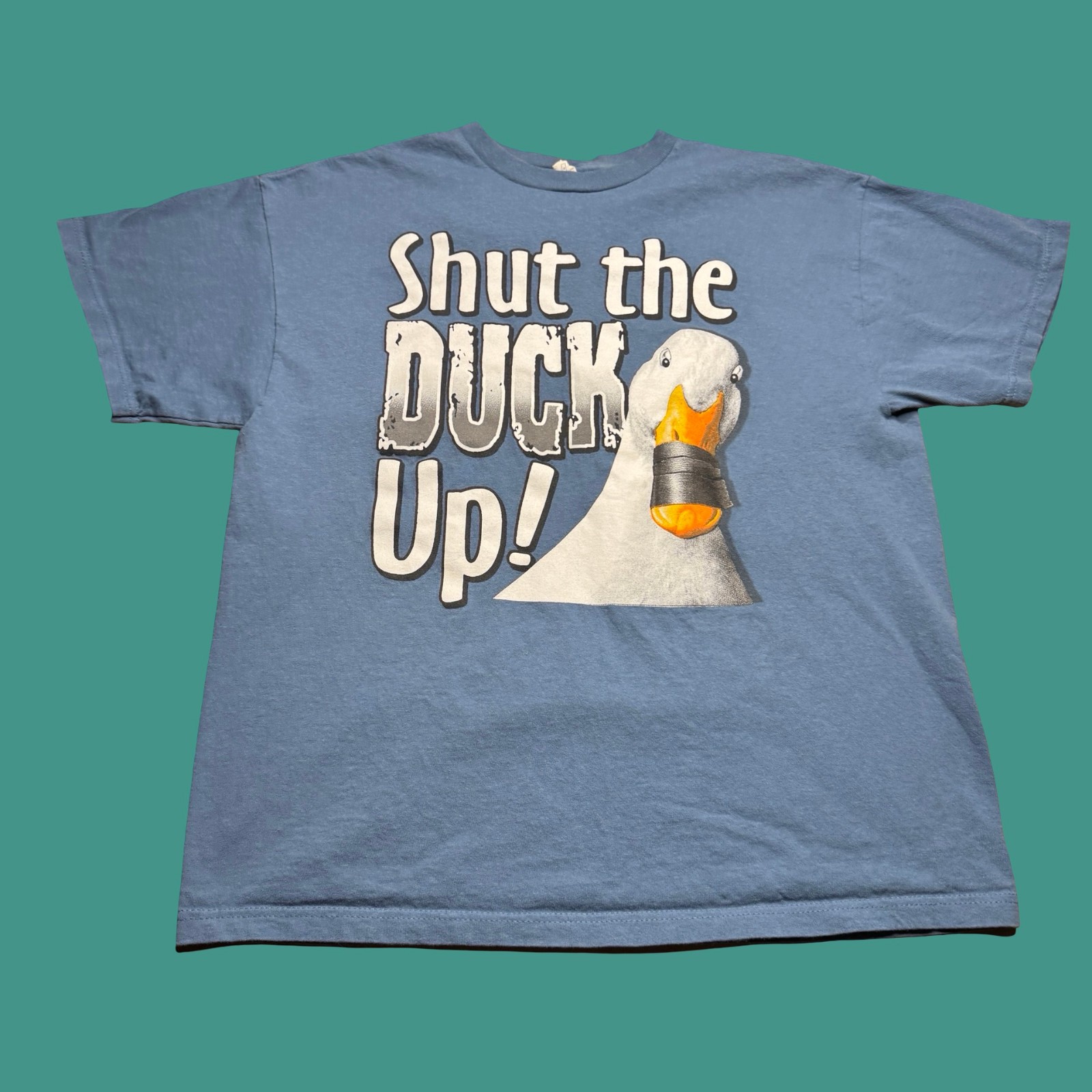 Shut The Duck Up T Shirt Large Blue White Duct Tape Novelty Graphic Y2K Humor gallery