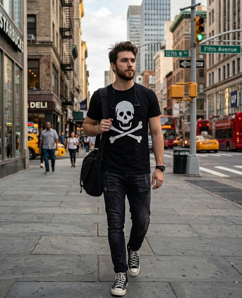 Vintage Skull And Crossbones Graphic T-Shirt Biker Punk Grunge Gothic Mens Shirt gallery