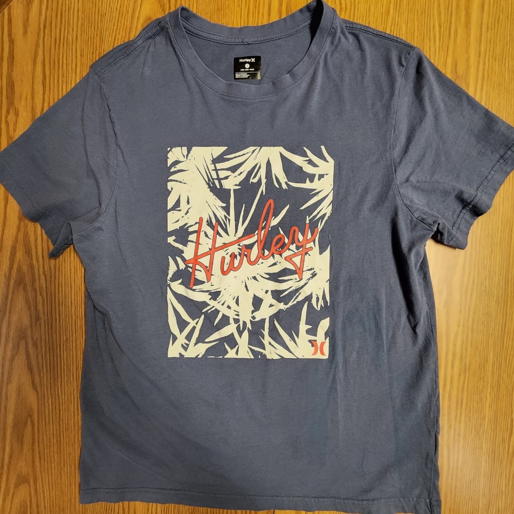 HURLEY Tee Shirt Blue Gray With White Graphic and Red Logo Size Lg