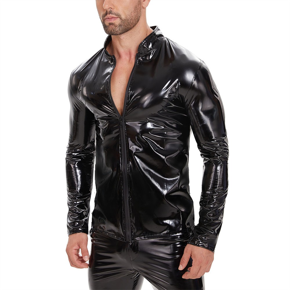 Men Long Sleeve T-shirts Wet Look PVC Leather Tops Slim-fit Zipper Jacket Shirts gallery