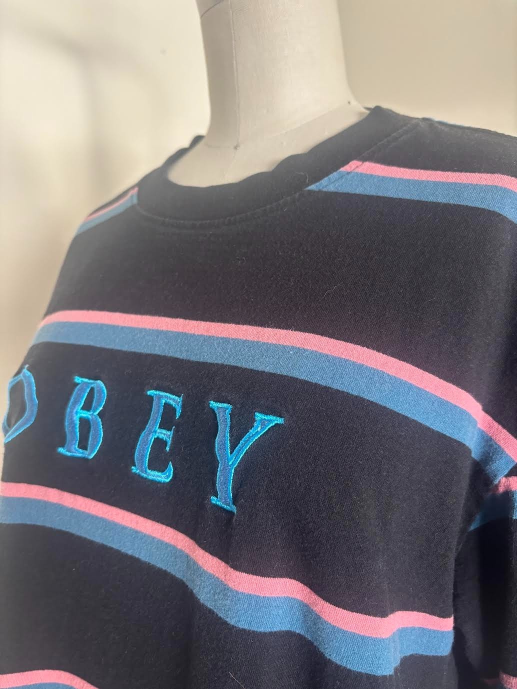 Obey Worldwide Mens Large Black Pink Blue Striped Emb Logo T Shirt Streetwear gallery
