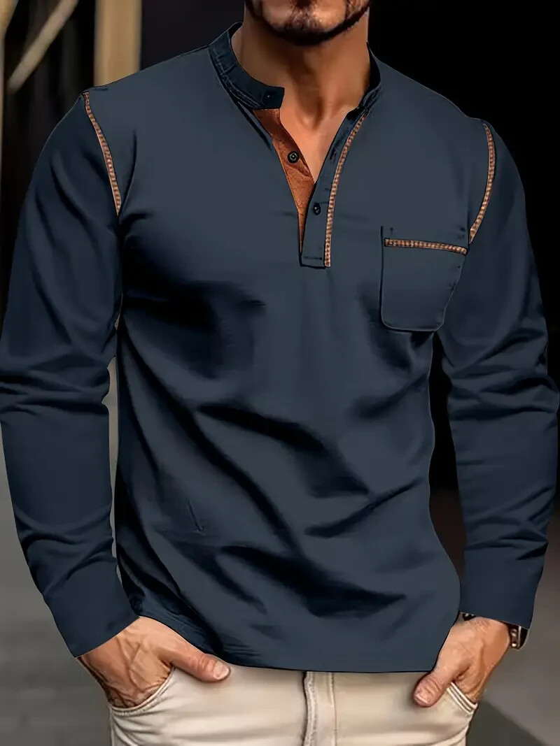 New Men's Navy-Blue Long Sleeve Crew Neck Sports Shirt Soft Slight Stretch XL gallery