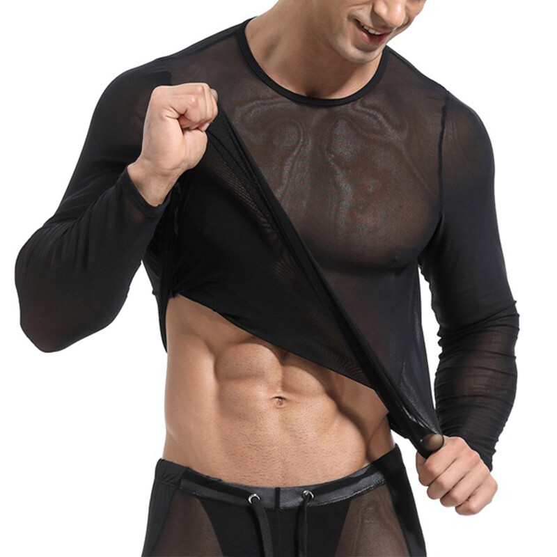 Mens Long Sleeve See Through Mesh T Shirt Sexy Muscle Clubwear Blouse Tops Tee gallery