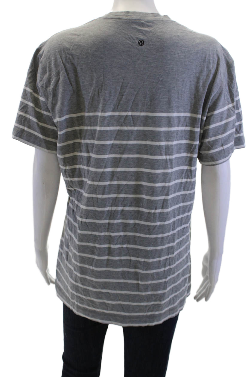 Lululemon Mens Striped Gray Crew Neck Short Sleeve T-Shirt Nylon Blend Size S gallery