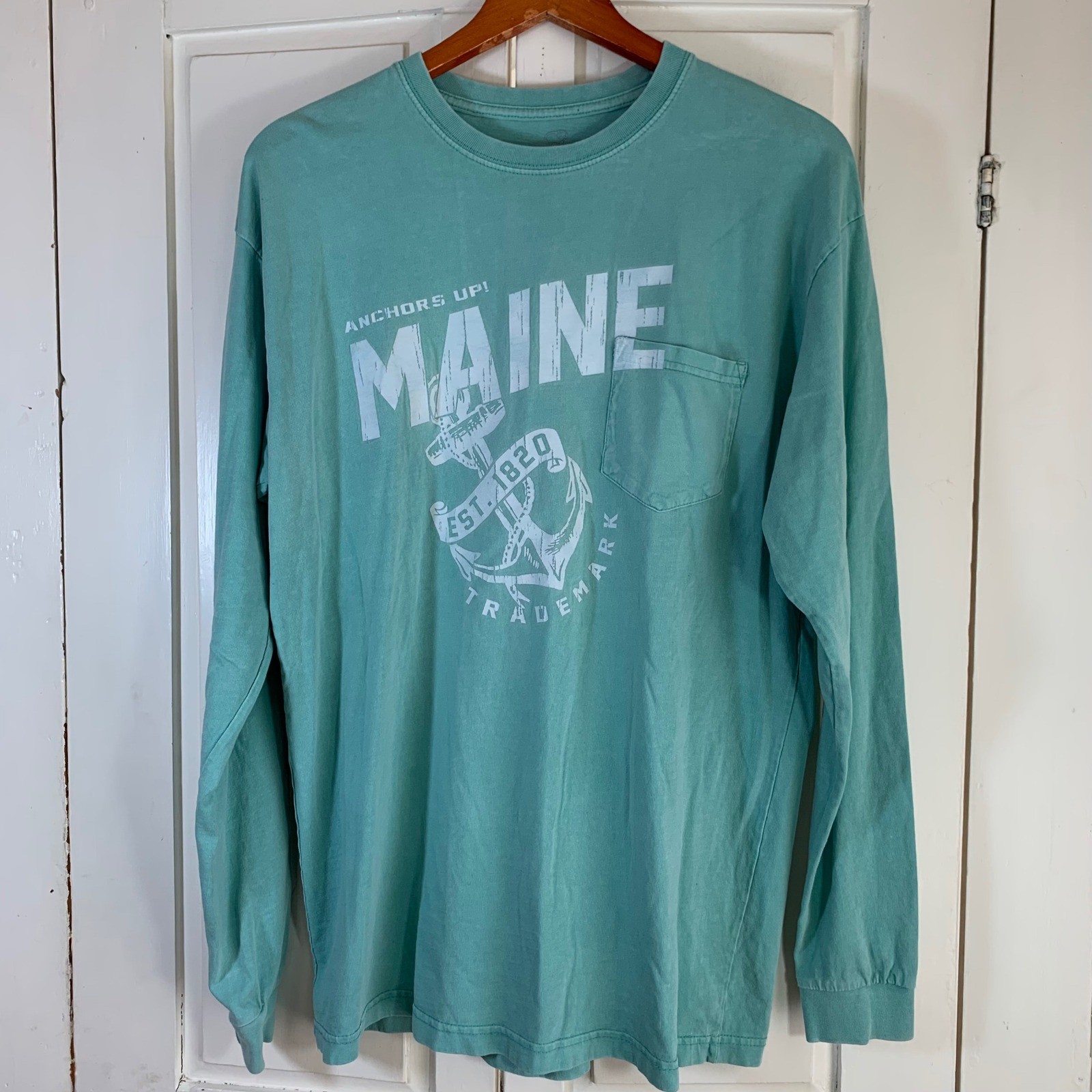 Ivory Ella Maine Anchors Up Long Sleeve Pocket T-Shirt Green Coastal STAIN gallery