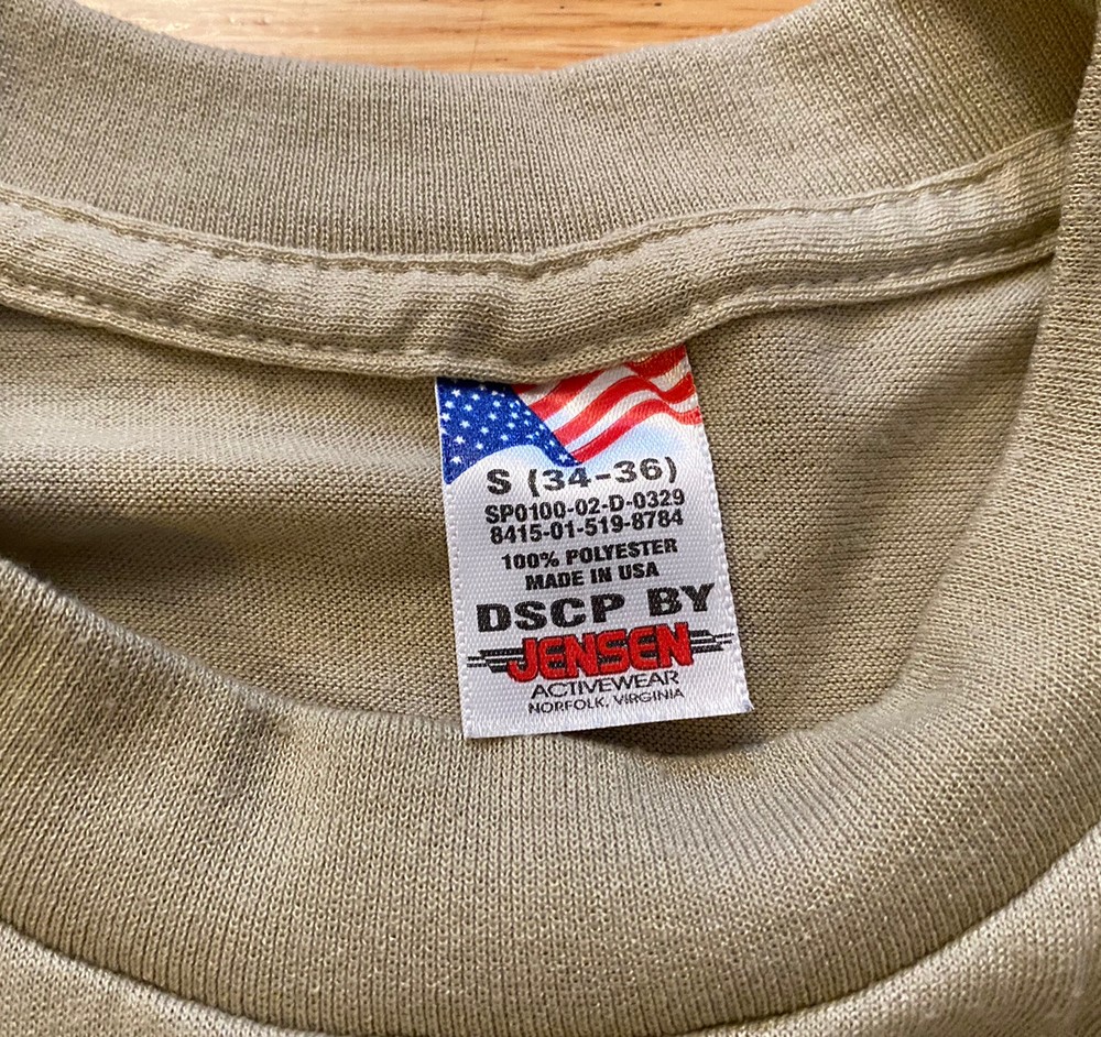DSCP by Jensen Army Sand Blank Uniform T Shirt SZ S Made in USA Activewear
