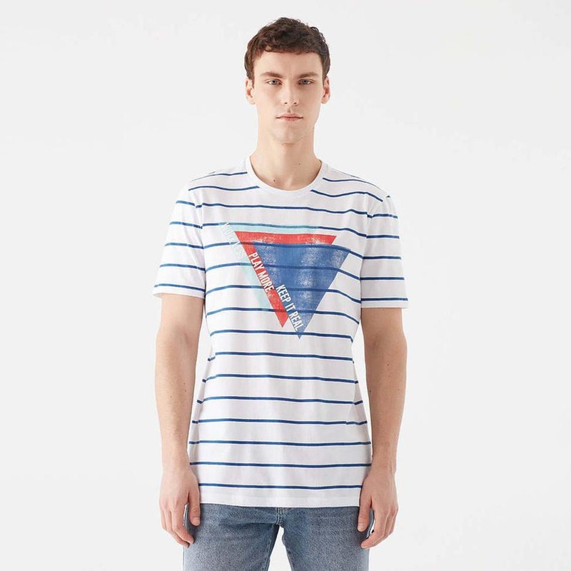 Mavi Men’s Print Slim Fit T-Shirts, Multicolor (White/Blue), L