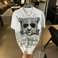 New Men Luxury Diamond Leopard Rhinestones Fashion T-Shirt High Quality 3 Colors
