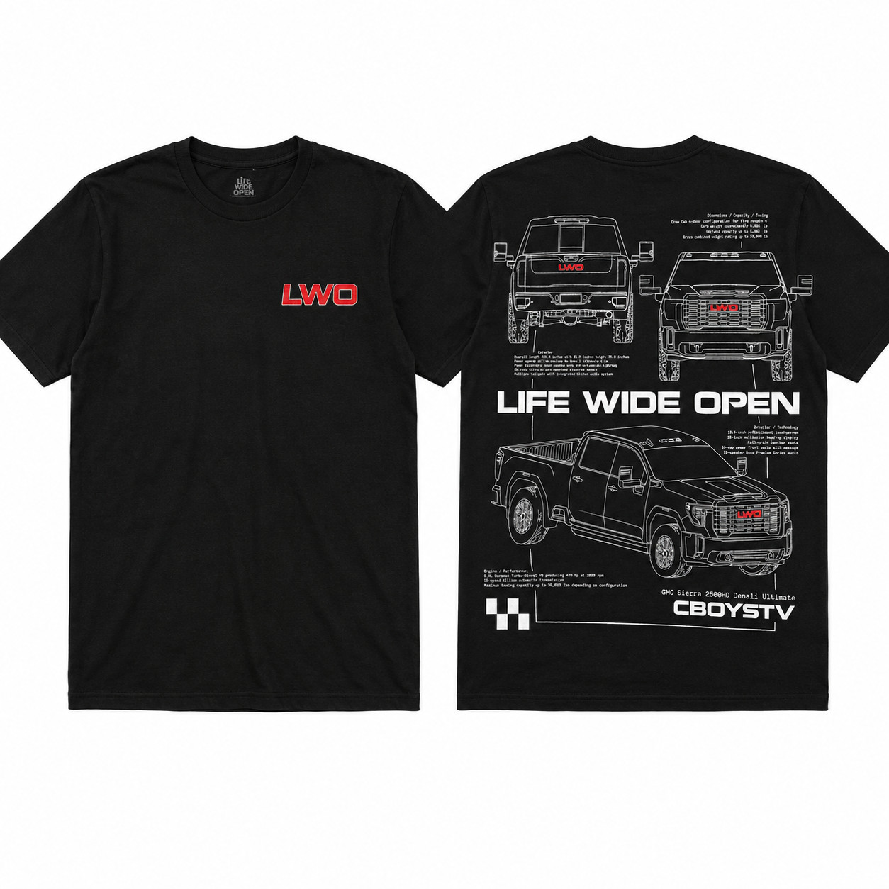CboysTV Life Wide Open GMC Sierra 2500HD Denali Ultimate T-Shirt X-Large